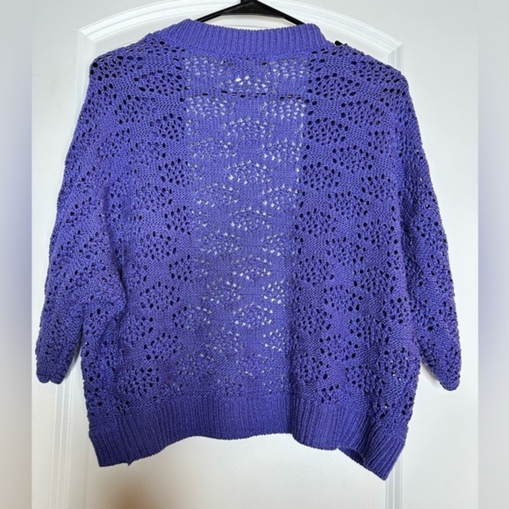 Jenny Cardigan Women XL Purple Cotton Pointelle Open Knit Cropped Boho Shrug - Picture 3 of 6